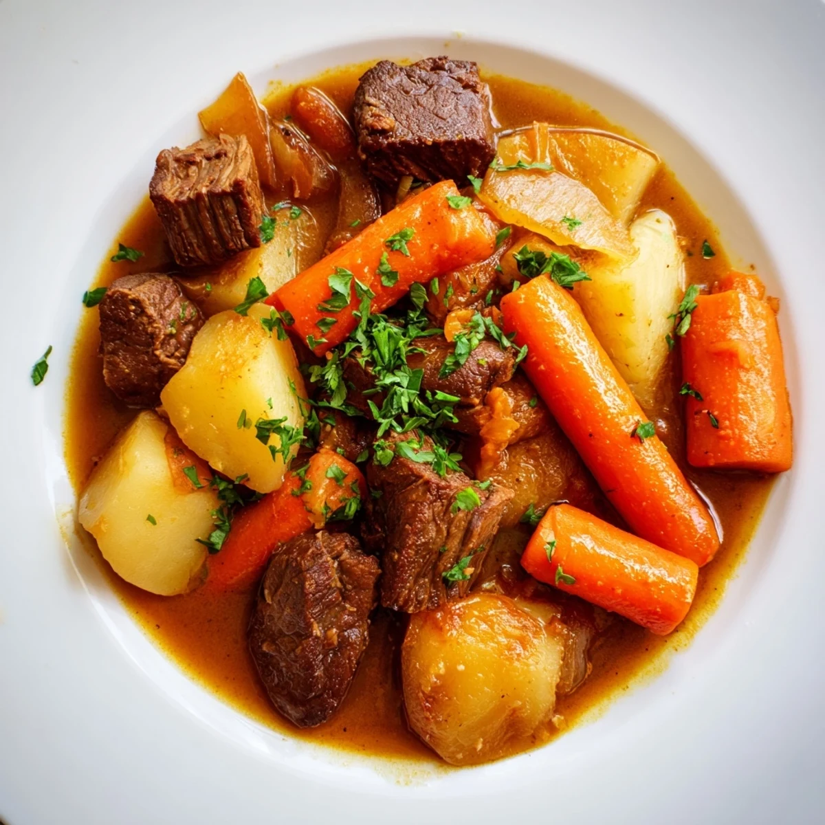 Tender beef cubes and hearty root vegetables simmer in a rich, savory broth in a pot of Irish Beef and Vegetable Stew.  