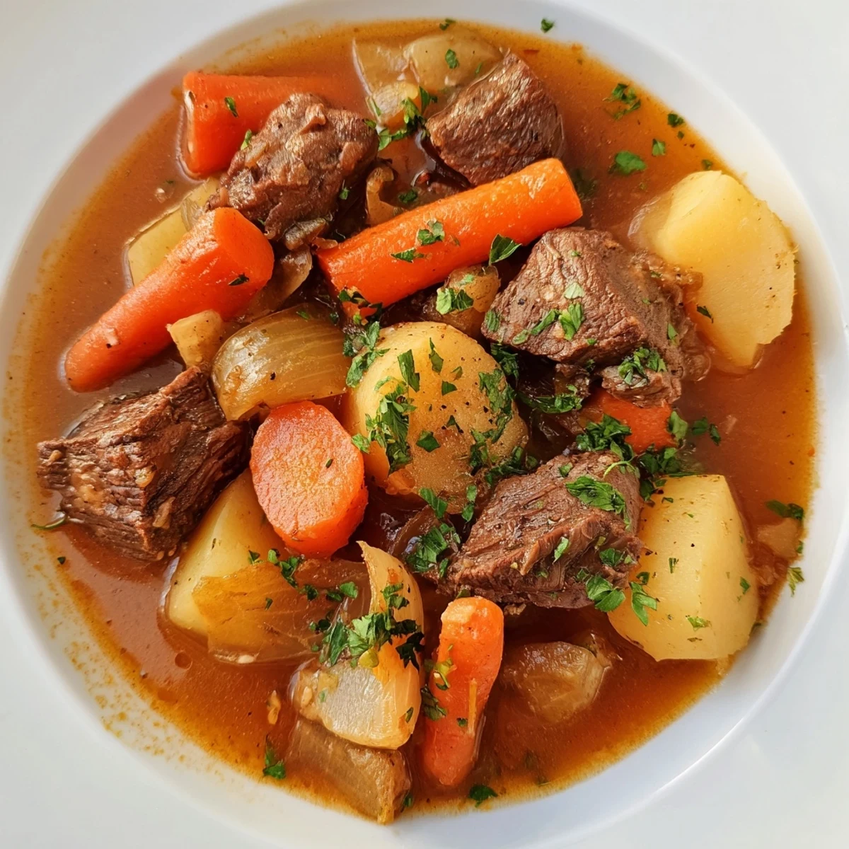A close-up of the comforting Irish Beef and Vegetable Stew, garnished with fresh parsley, served in a rustic bowl.  