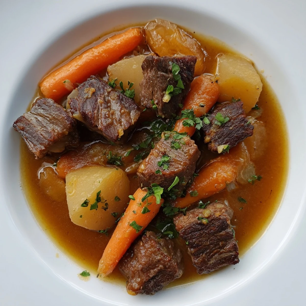 Spoon lifting a ladleful of flavorful Irish Beef and Vegetable Stew, showcasing carrots, potatoes, and tender meat chunks.