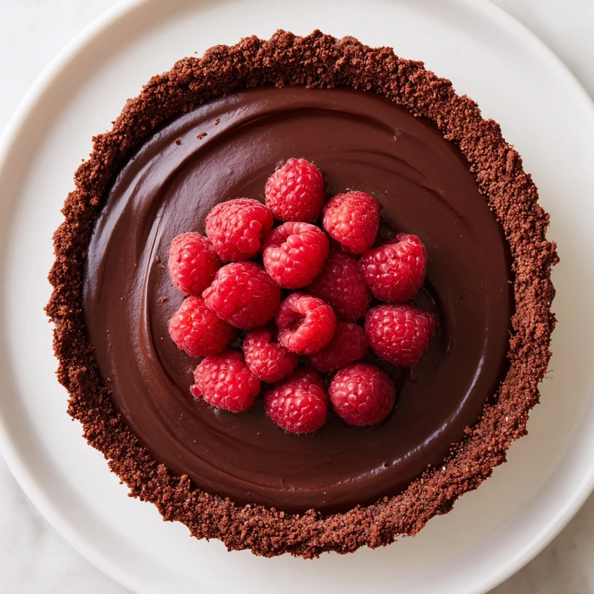 A close-up view of the decadent chocolate raspberry tart, highlighting the crisp cocoa crust and silky chocolate ganache filling beneath vibrant fresh berries.  