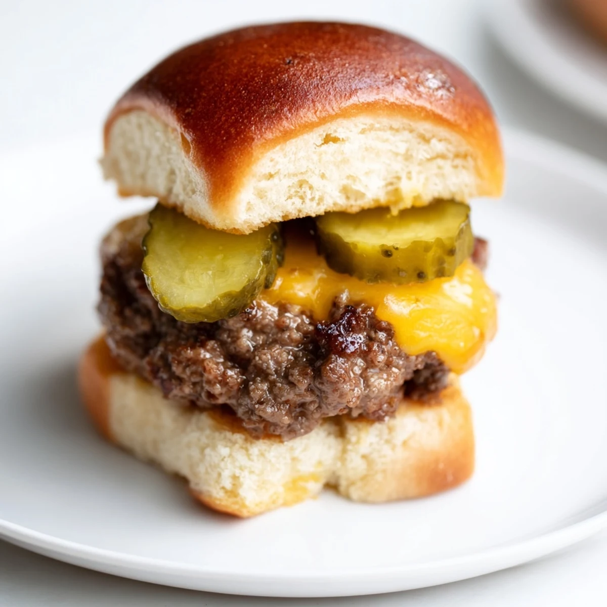 A close-up of juicy Beef Sliders with Cheese and Pickles, showing melted cheddar on the patties.