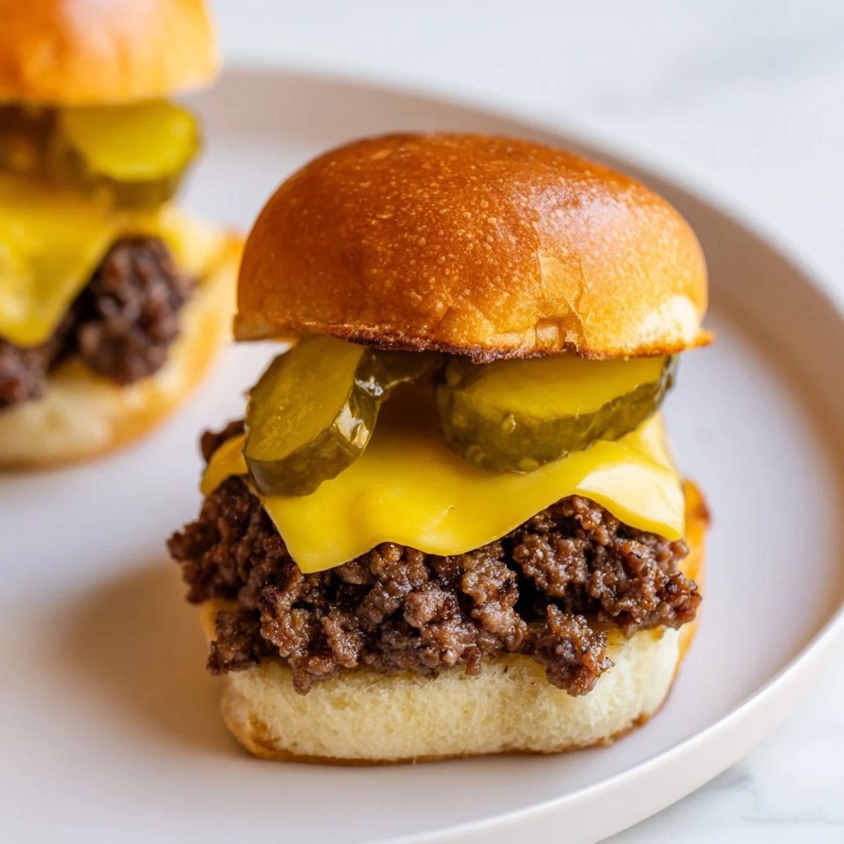 A pair of warm Beef Sliders with Cheese and Pickles on a plate, served with crispy fries.