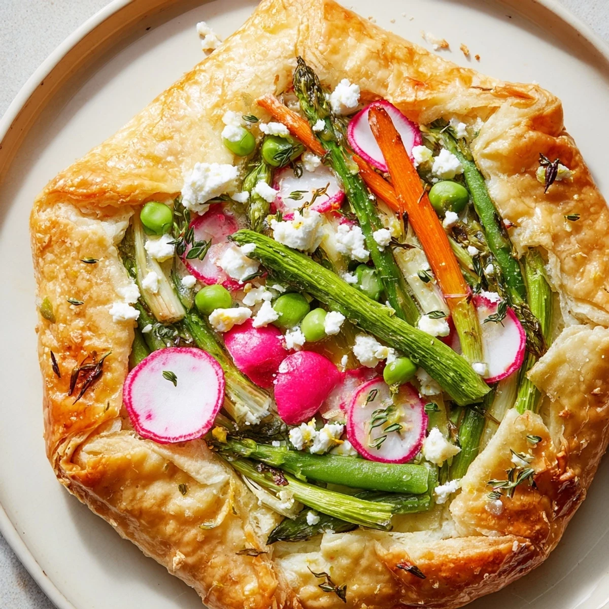 A close-up of a golden-brown Spring Vegetable Galette with flaky pastry edges, topped with vibrant asparagus, radishes, and creamy goat cheese.