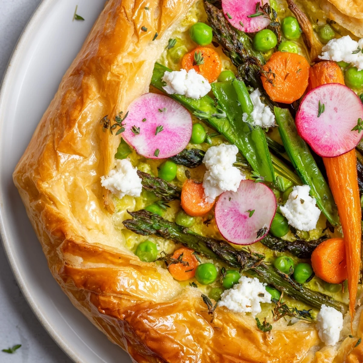Slice of warm Spring Vegetable Galette on a rustic plate, revealing tender spring vegetables and fresh thyme, perfect for a light vegetarian dinner.