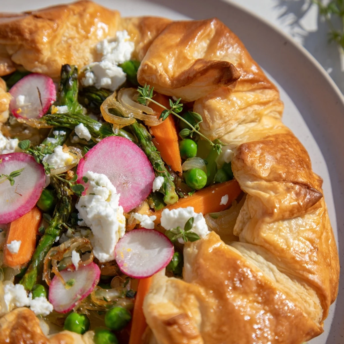 Rustic Spring Vegetable Galette with buttery crust and colorful filling, ready to serve with a glass of crisp white wine for brunch.