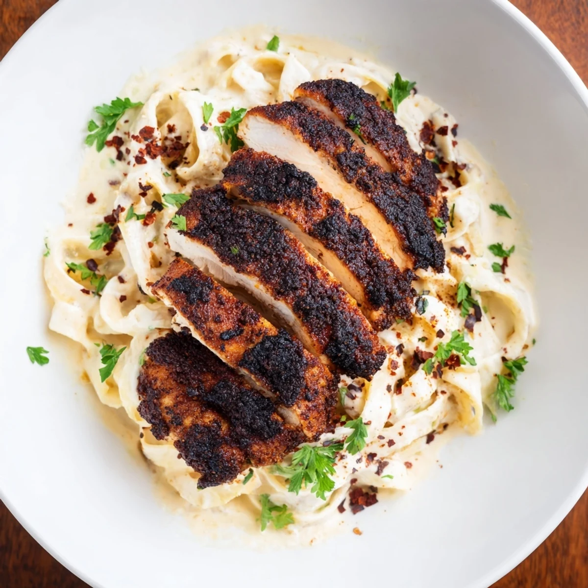 A close-up of Cajun Blackened Chicken Alfredo, featuring rich sauce-coated pasta and perfectly seasoned, juicy chicken slices on a plate.  