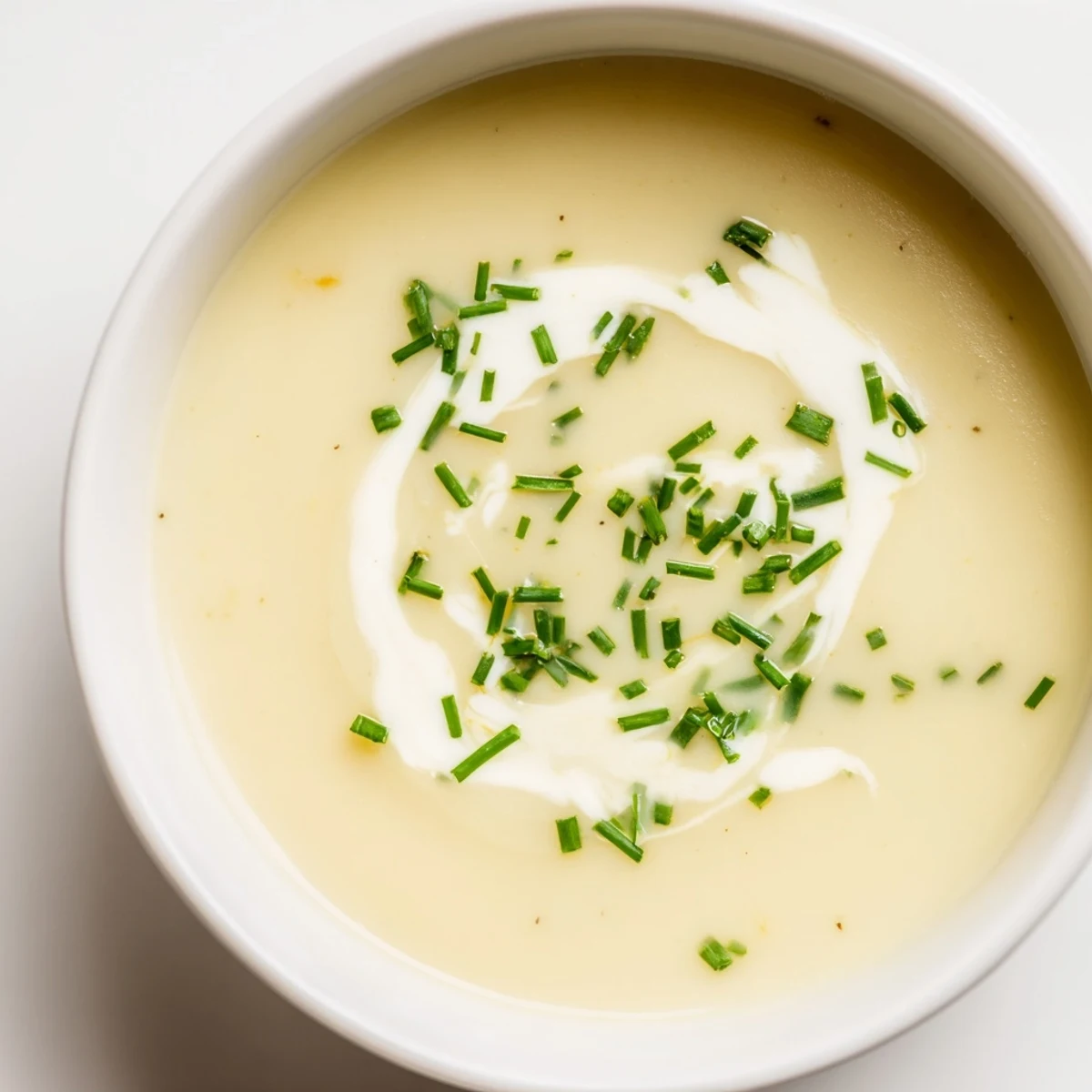 A bowl of creamy potato soup with chives, garnished with a swirl of cream, served warm for a cozy dinner.