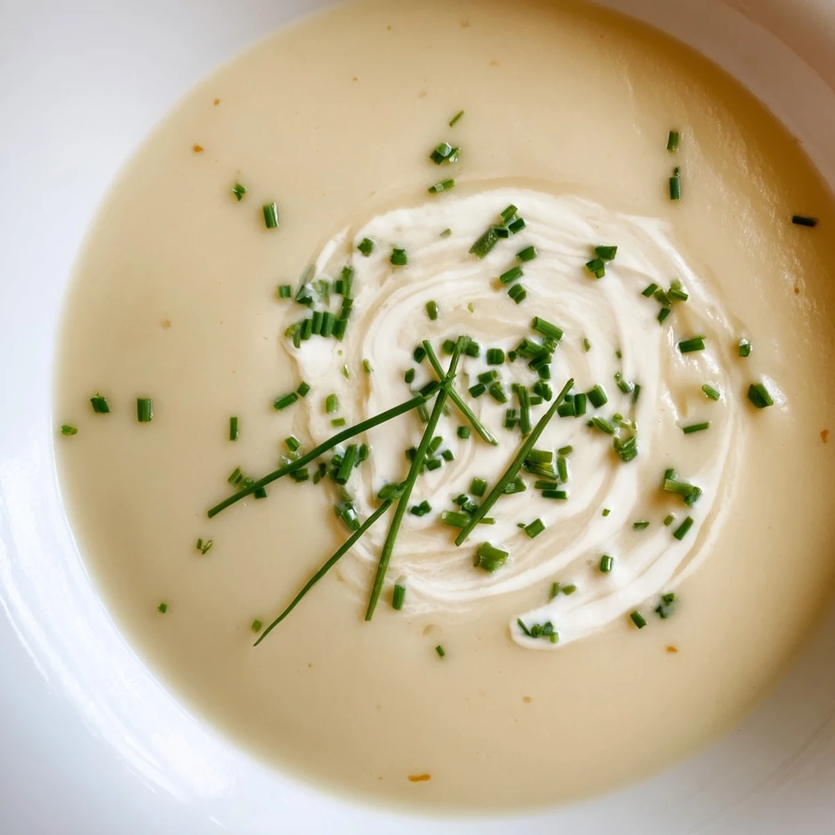 Close-up of velvety potato soup with chives, ready to be ladled from a pot, ideal for chilly evenings.