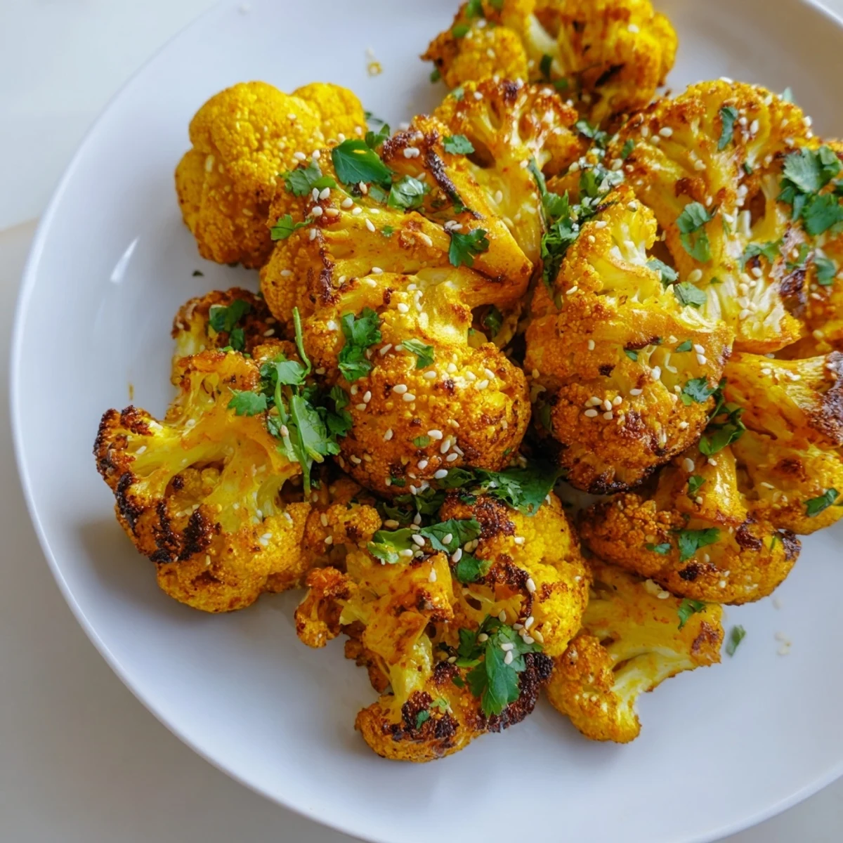 Golden roasted cauliflower with turmeric, glistening with olive oil and flecked with sesame seeds, served warm as a healthy side.