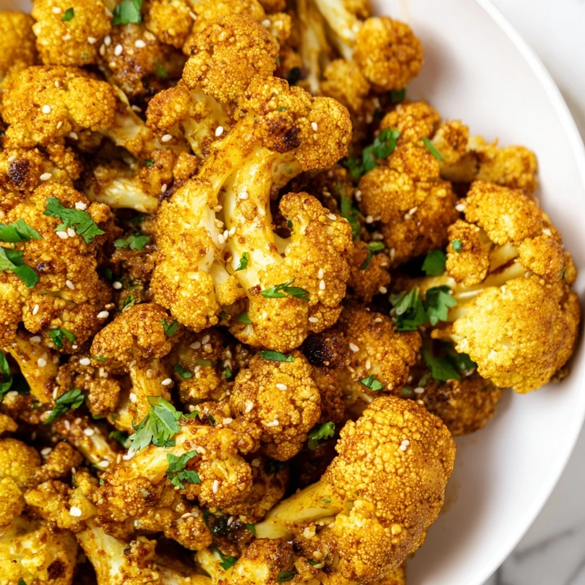 Roasted cauliflower with turmeric and cumin, tossed with lemon and finished with fresh cilantro on a rustic platter.