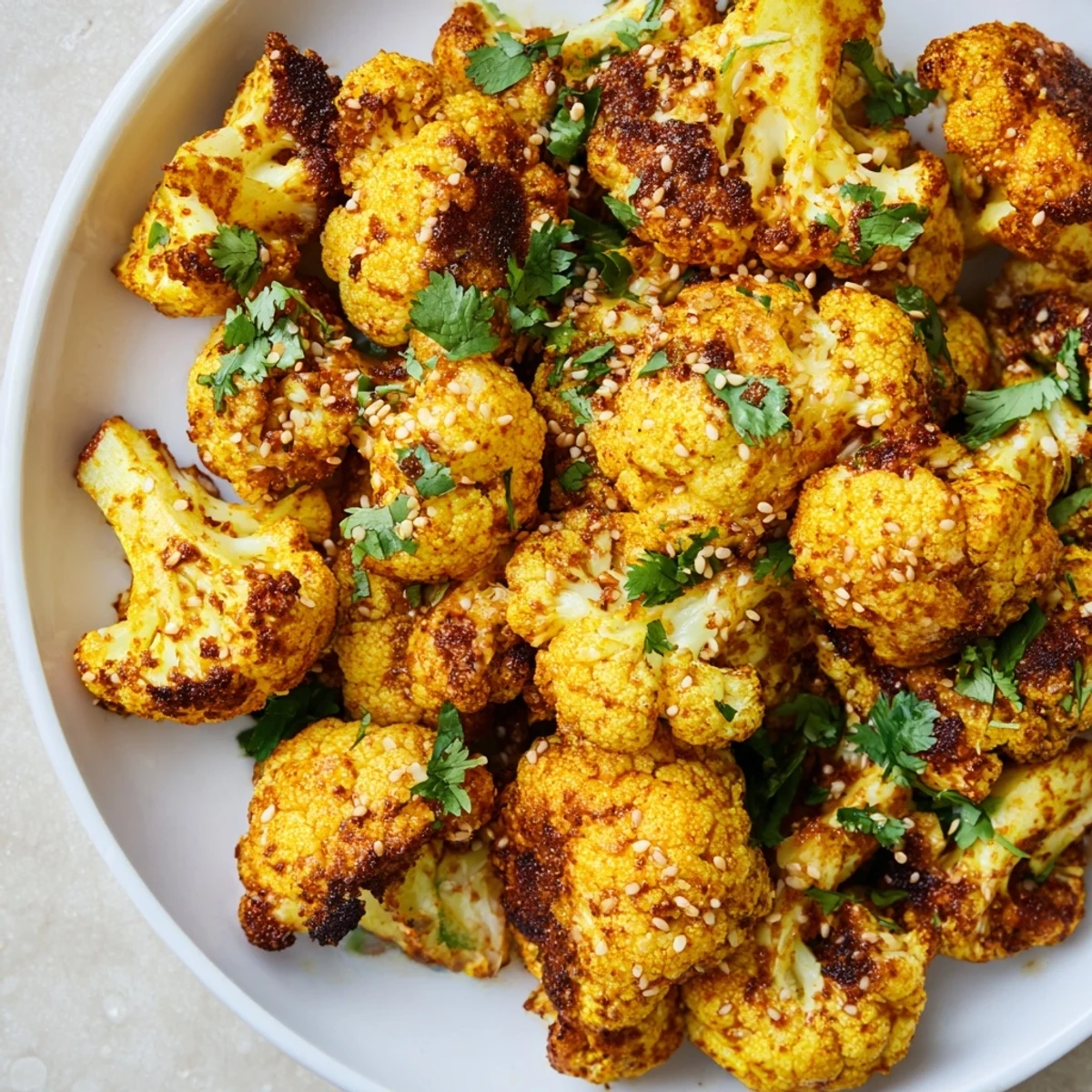 Tender roasted cauliflower with turmeric, paprika, and spices, crisp-edged and golden, perfect next to grilled chicken or fish.