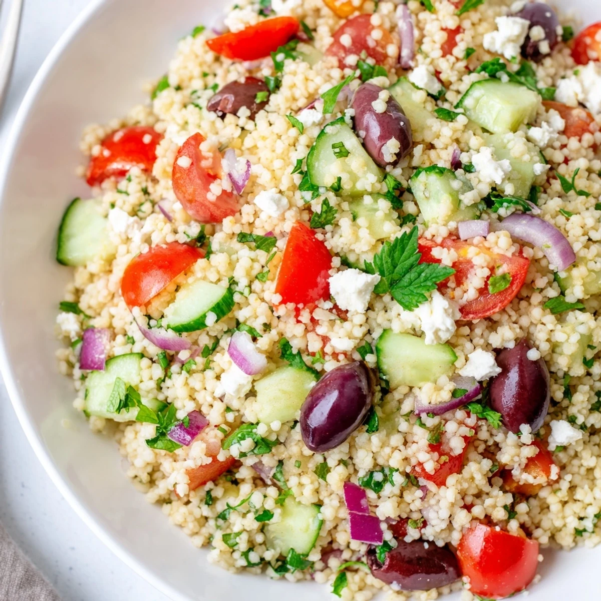 A close-up of Mediterranean Couscous Salad with Vegetables in a white bowl, featuring vibrant cherry tomatoes and cucumber chunks with fresh parsley.