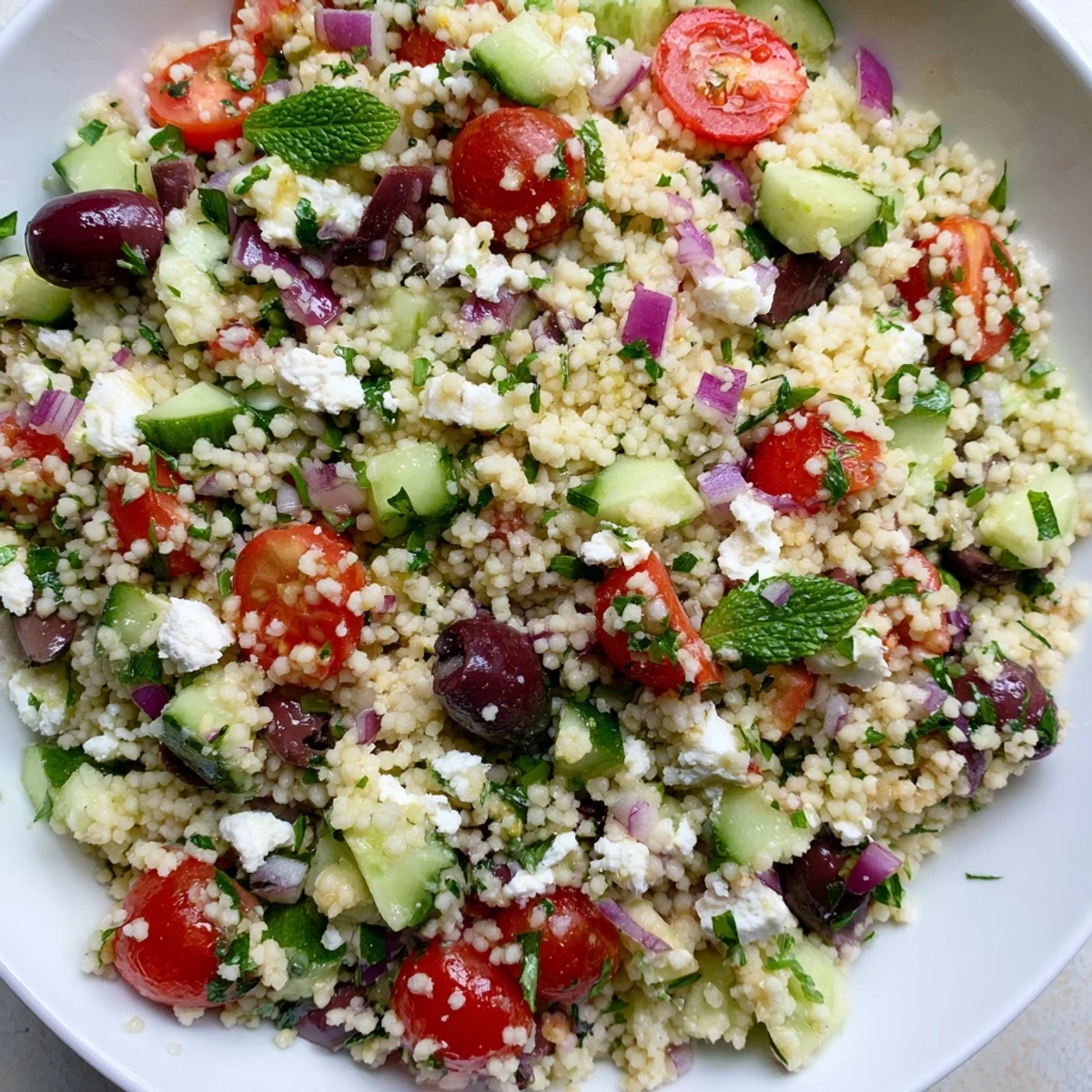 Bright Mediterranean Couscous Salad with Vegetables topped with crumbled feta and sliced Kalamata olives, served on a rustic wooden table.