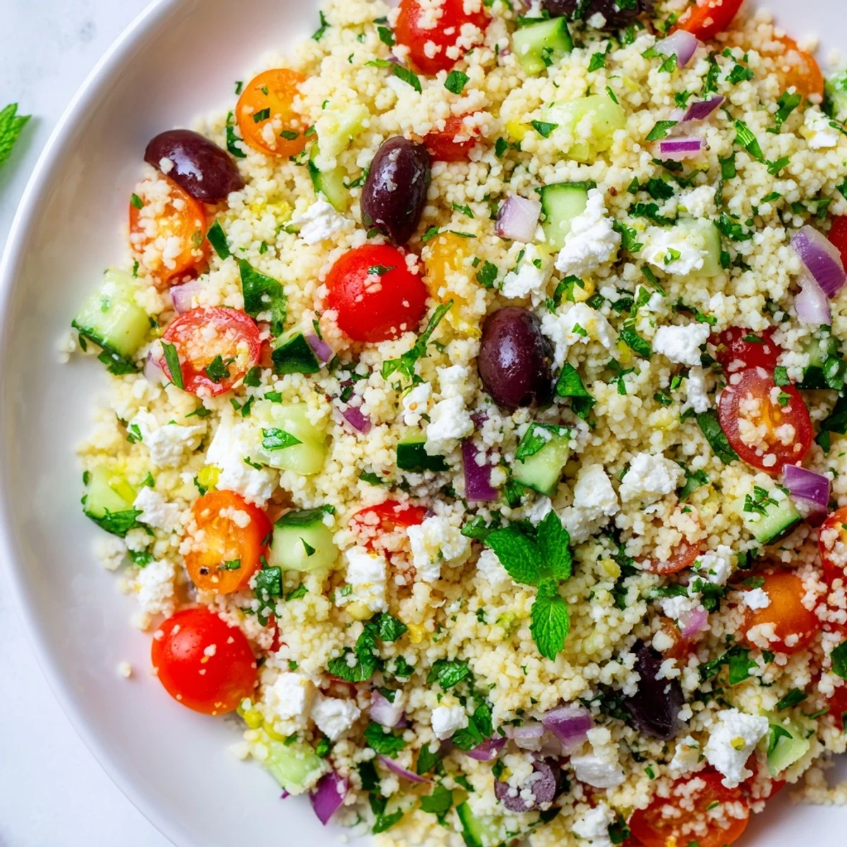 A vibrant Mediterranean Couscous Salad with Vegetables tossed with diced red bell pepper and fresh mint, drizzled with lemon-olive oil dressing.