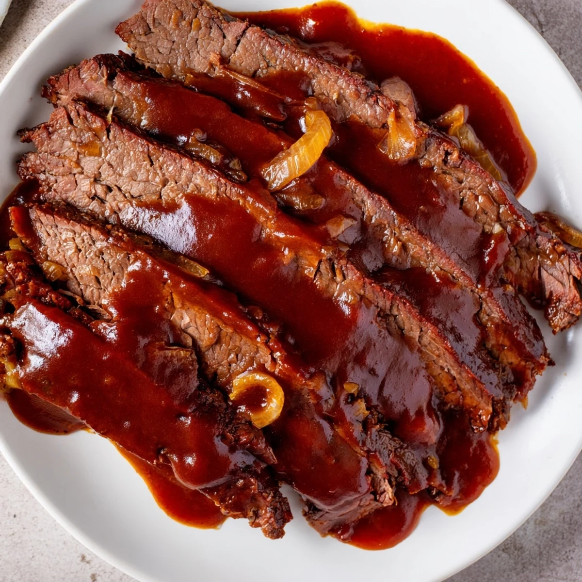 Tender Slow Cooker Beef Brisket with BBQ Sauce sliced and served over mashed potatoes.