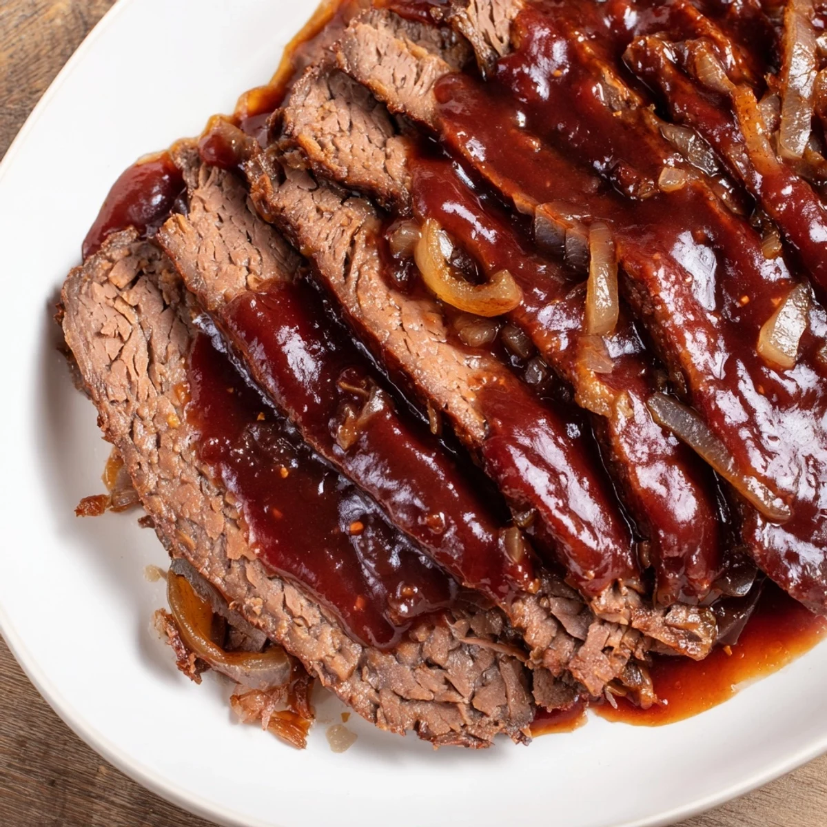A fork lifts juicy Slow Cooker Beef Brisket with BBQ Sauce beside coleslaw on a plate.