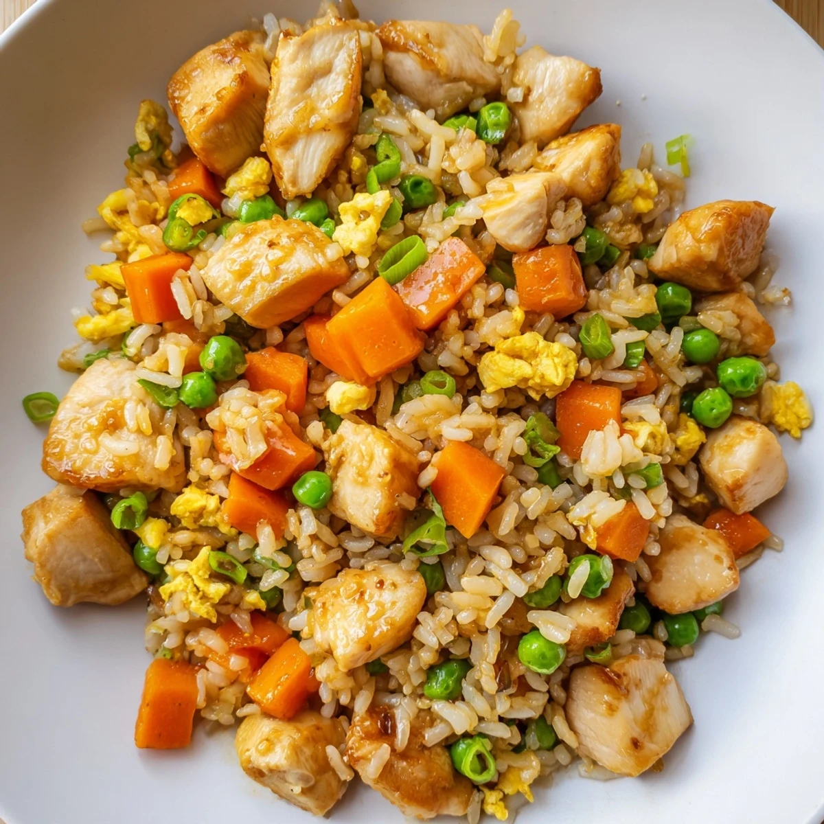 Steaming Chicken Fried Rice with Peas and Carrots features tender chicken and bright veggies in a wok.