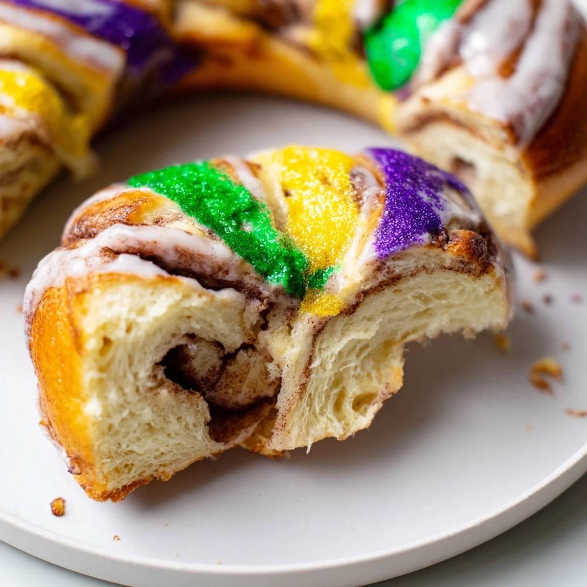 Golden-brown Mardi Gras King Cake Bagels sit on a wire cooling rack after baking.
