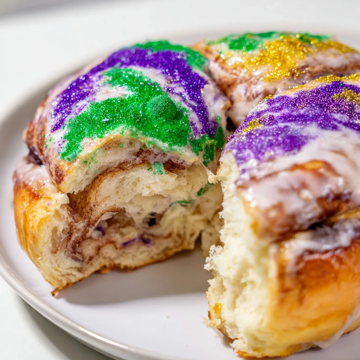 Freshly boiled Mardi Gras King Cake Bagels are drizzled with sweet vanilla glaze.