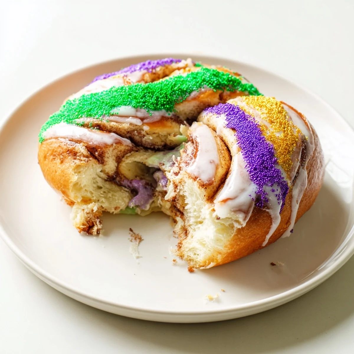 Ready to serve Mardi Gras King Cake Bagels are adorned with purple, green, and gold sugar.