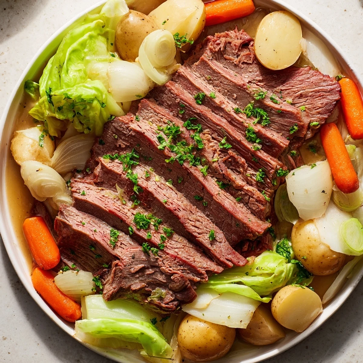 A close-up of Corned Beef Pot Roast shows juicy, pink meat slices with horseradish sauce on the side.