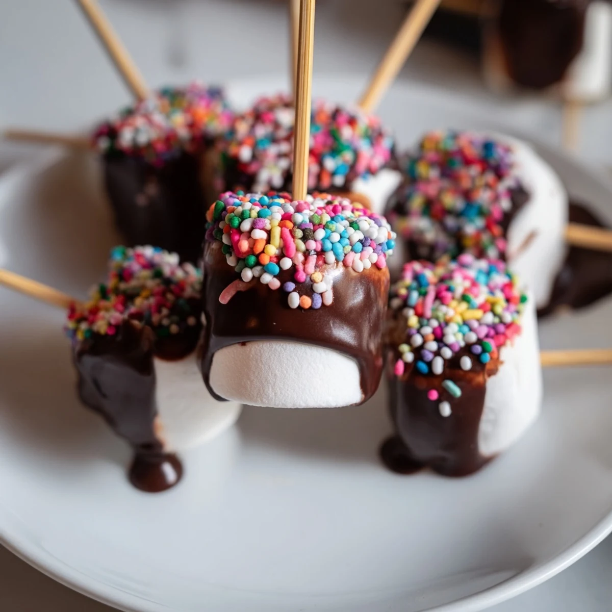 A close view of Chocolate Dipped Marshmallows with rainbow sprinkles and mini chips, perfect for gifting.