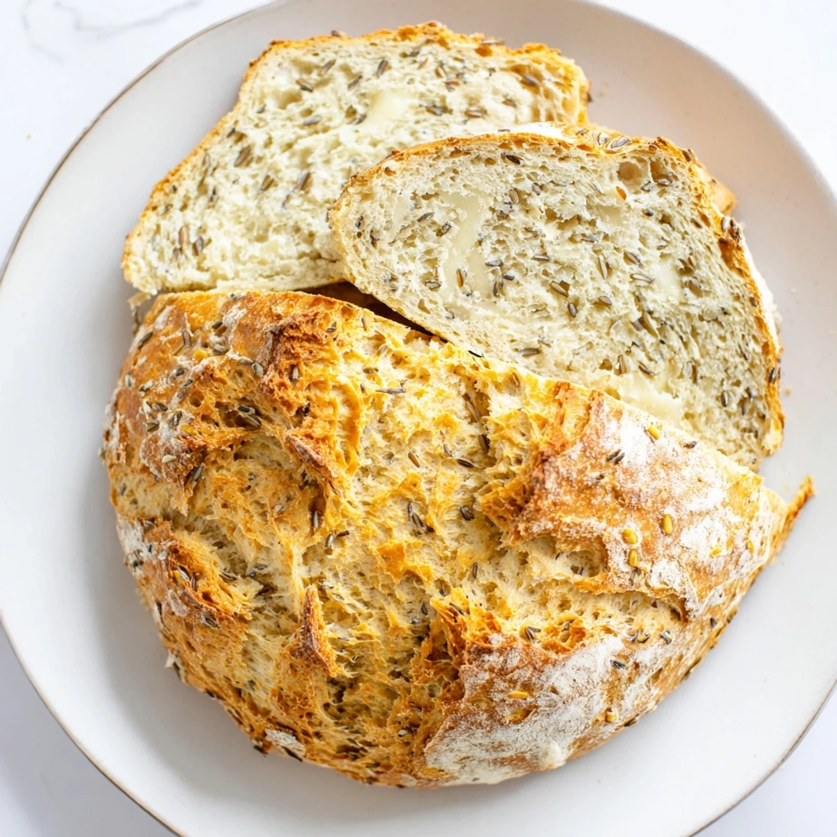 Golden-brown Irish Soda Bread with Caraway on a wooden board, showing a textured crust and soft interior crumb, perfect for breakfast with butter.