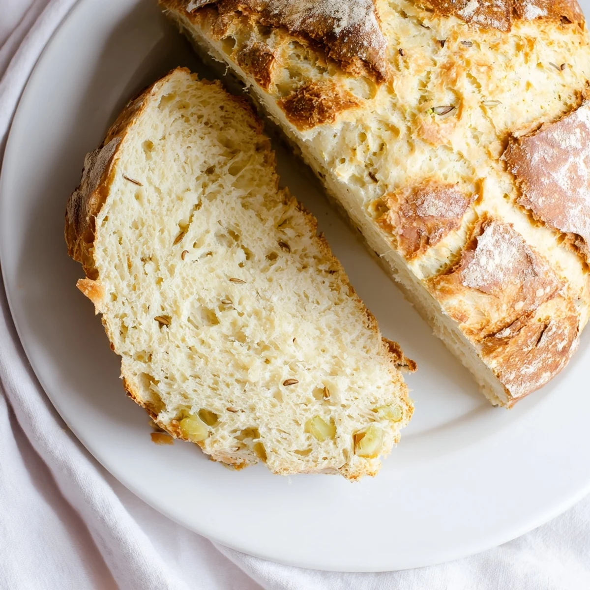 A rustic Irish Soda Bread with Caraway loaf cut into thick slices, displayed on a checkered cloth to highlight its fluffy texture and caraway aroma.