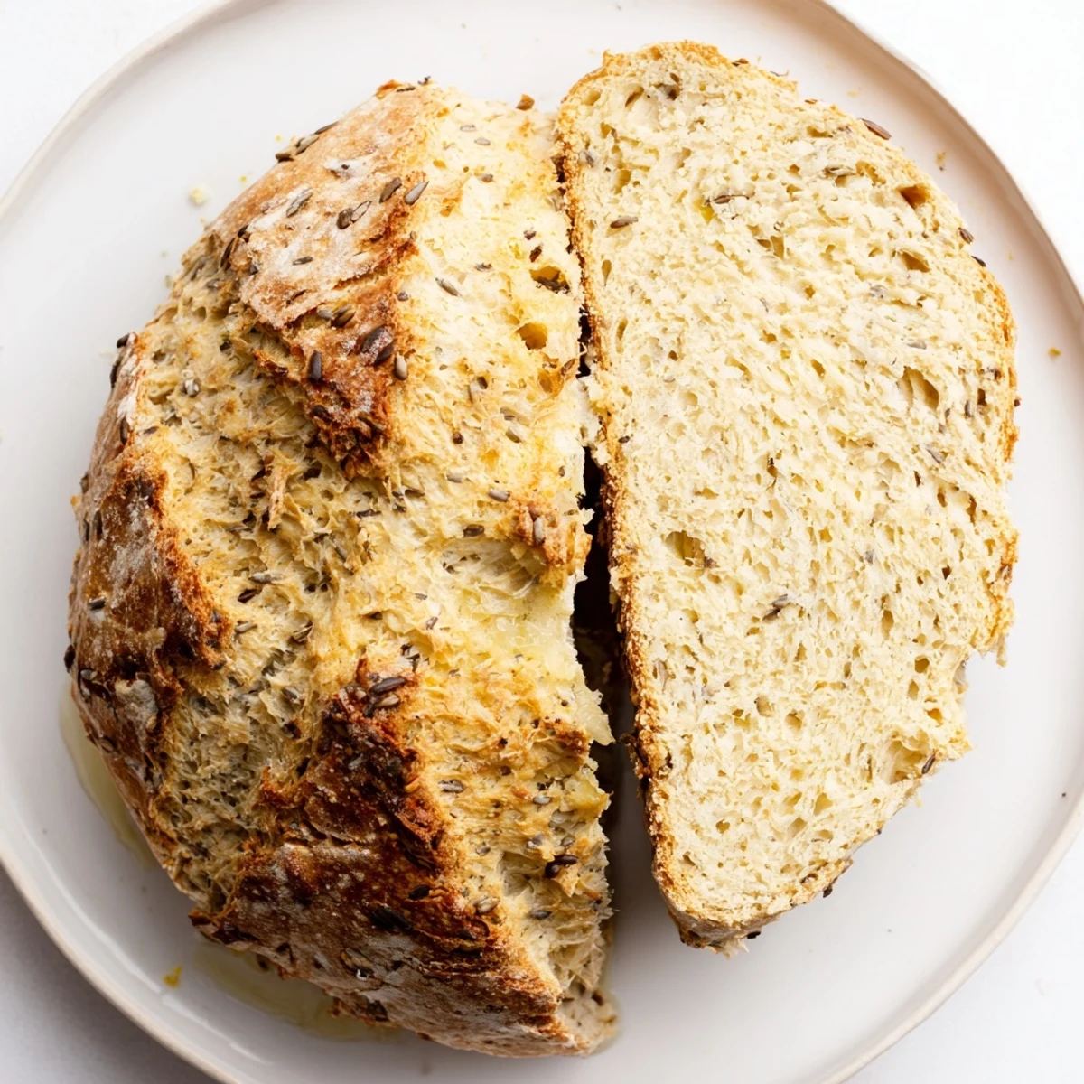Warm Irish Soda Bread with Caraway served beside a steaming bowl of soup, ideal for cozy lunches or traditional St. Patrick's Day celebrations.