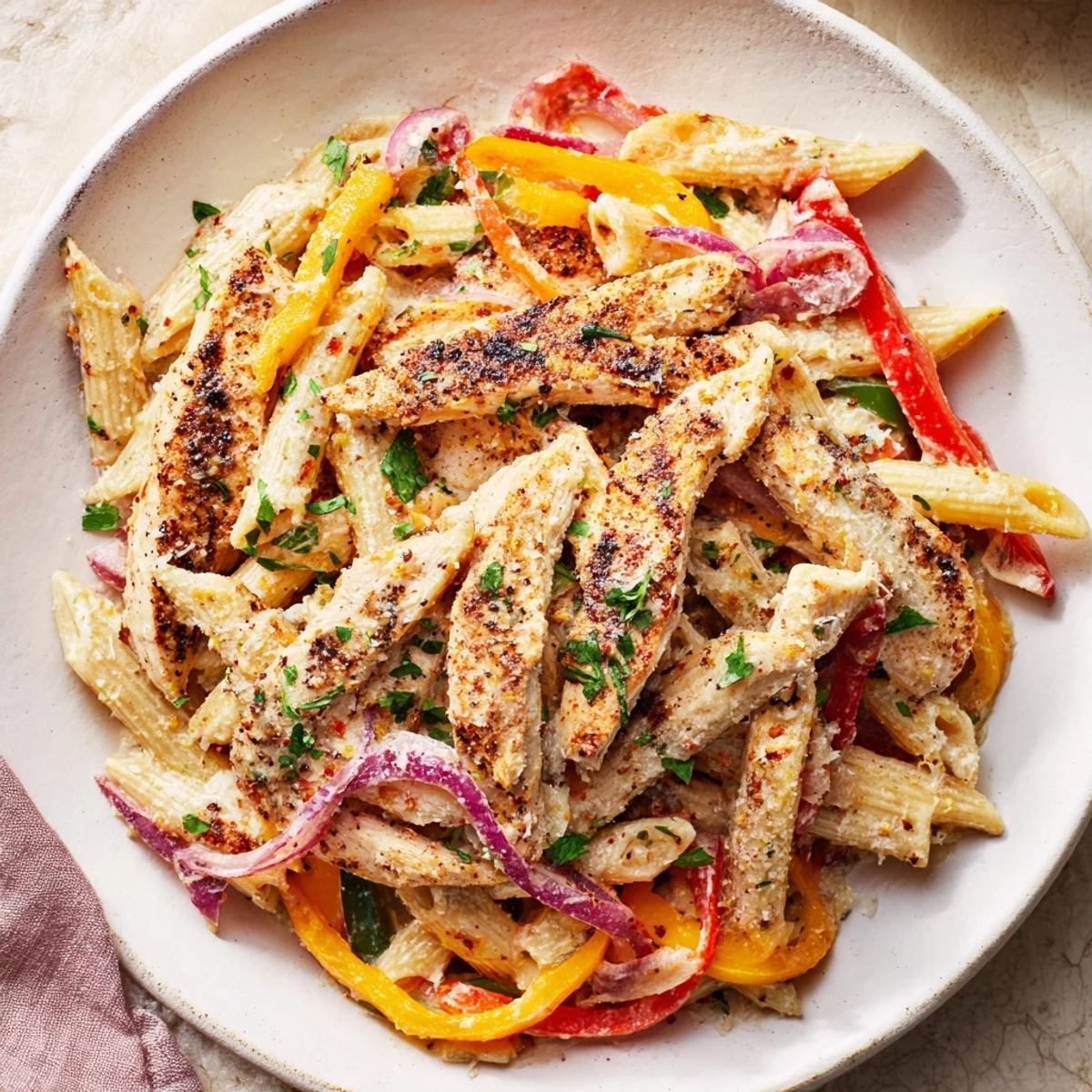Tender Cajun-spiced chicken strips, colorful bell peppers, and creamy sauce over penne pasta in a skillet.