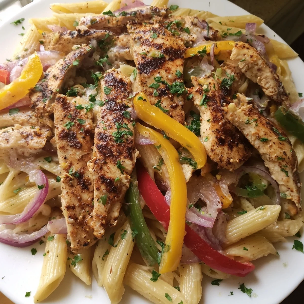 Cajun Chicken Pasta with Peppers served hot, garnished with fresh parsley and extra Parmesan cheese.