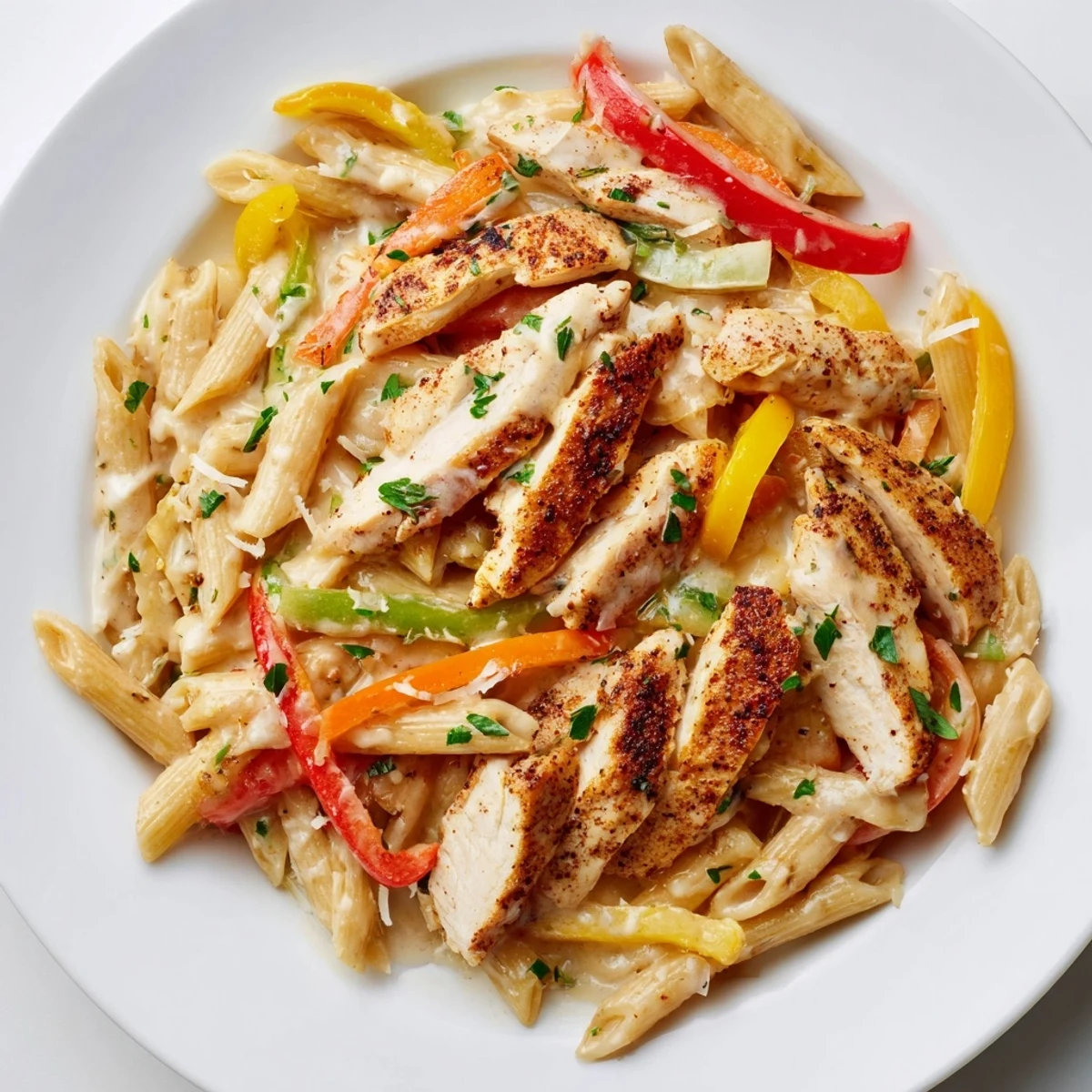 A creamy plate of Cajun Chicken Pasta with Peppers, with steam rising from the skillet.