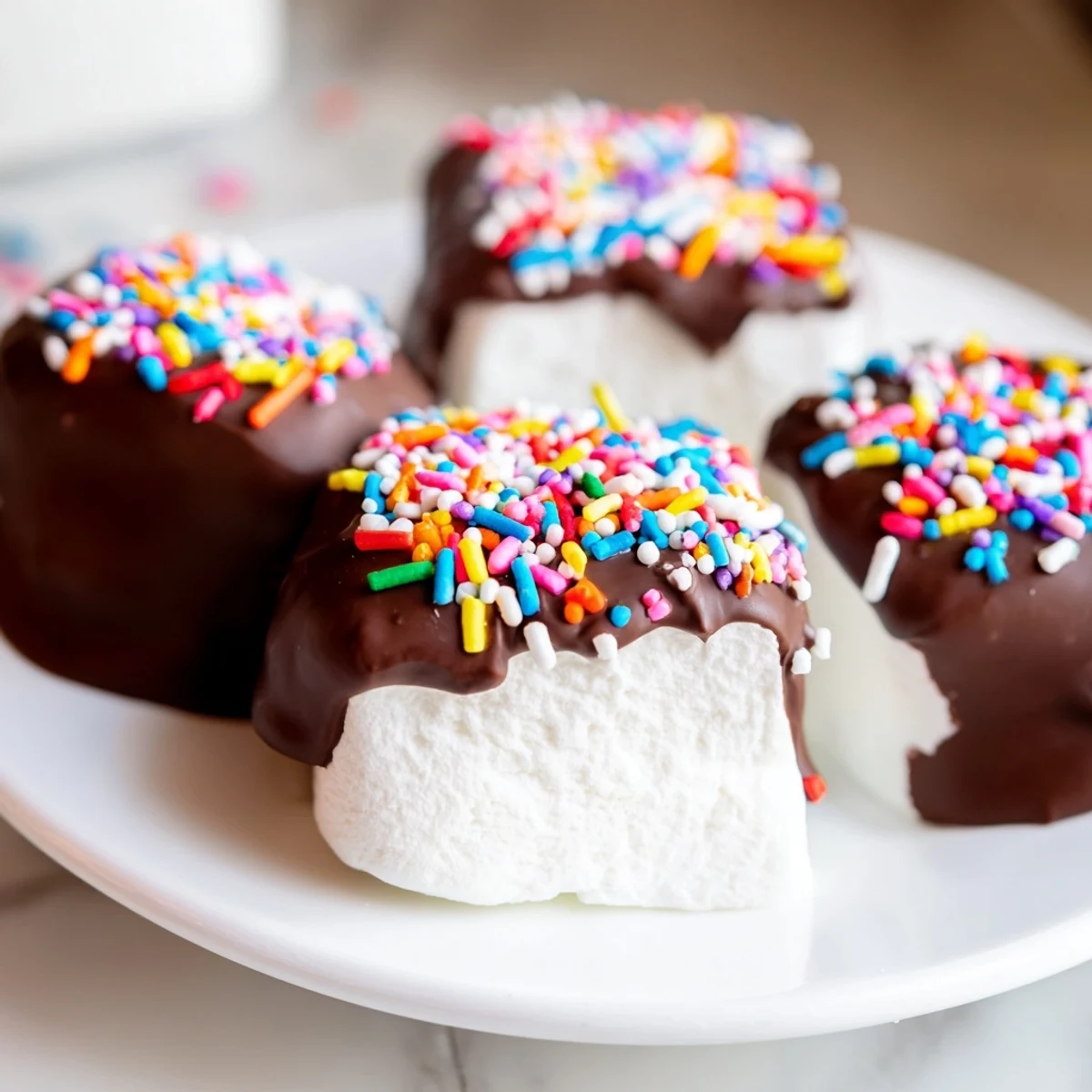 Fluffy marshmallows dipped in rich melted chocolate and topped with colorful sprinkles, ready to serve.