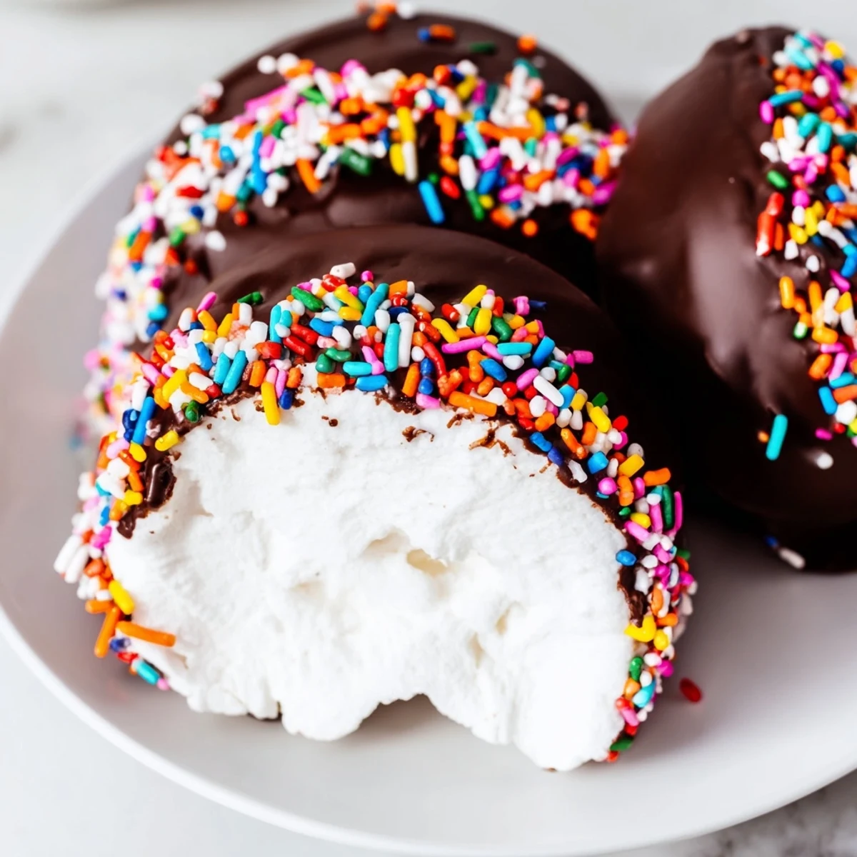 Chocolate dipped marshmallows with sprinkles arranged on parchment for a festive sweet treat.