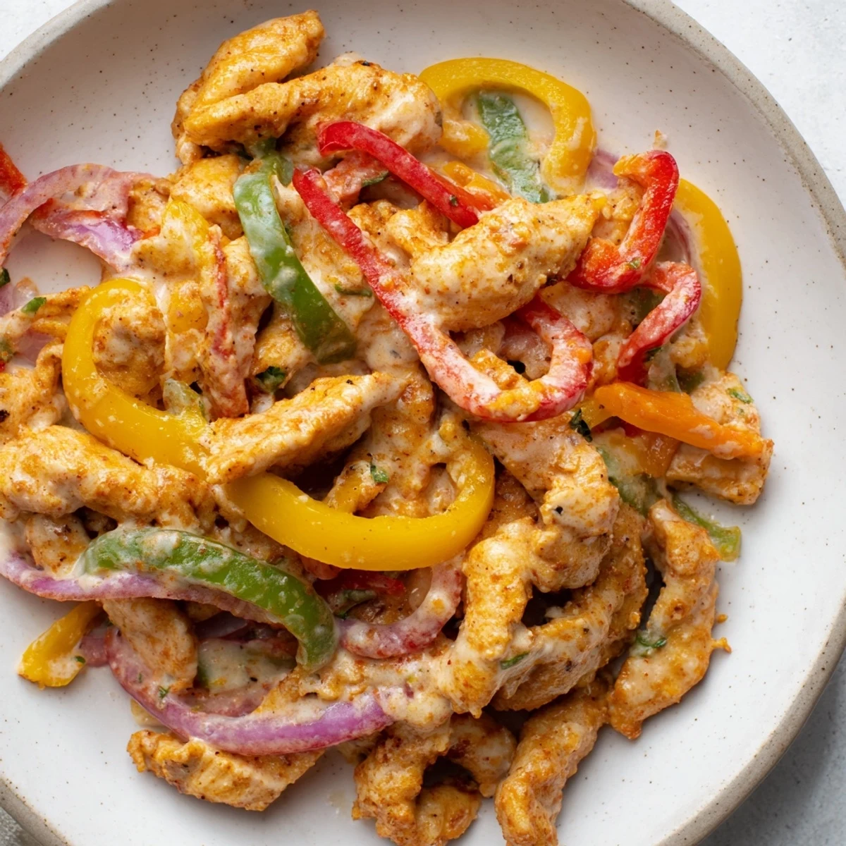 Creamy Cajun Chicken Pasta with Bell Peppers steaming on a white plate, ready for dinner.