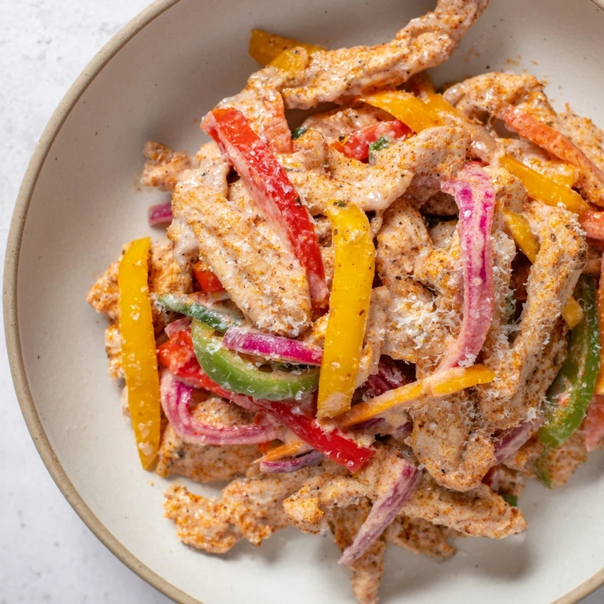 Hearty Cajun Chicken Pasta with Bell Peppers served alongside a simple green salad for lunch.