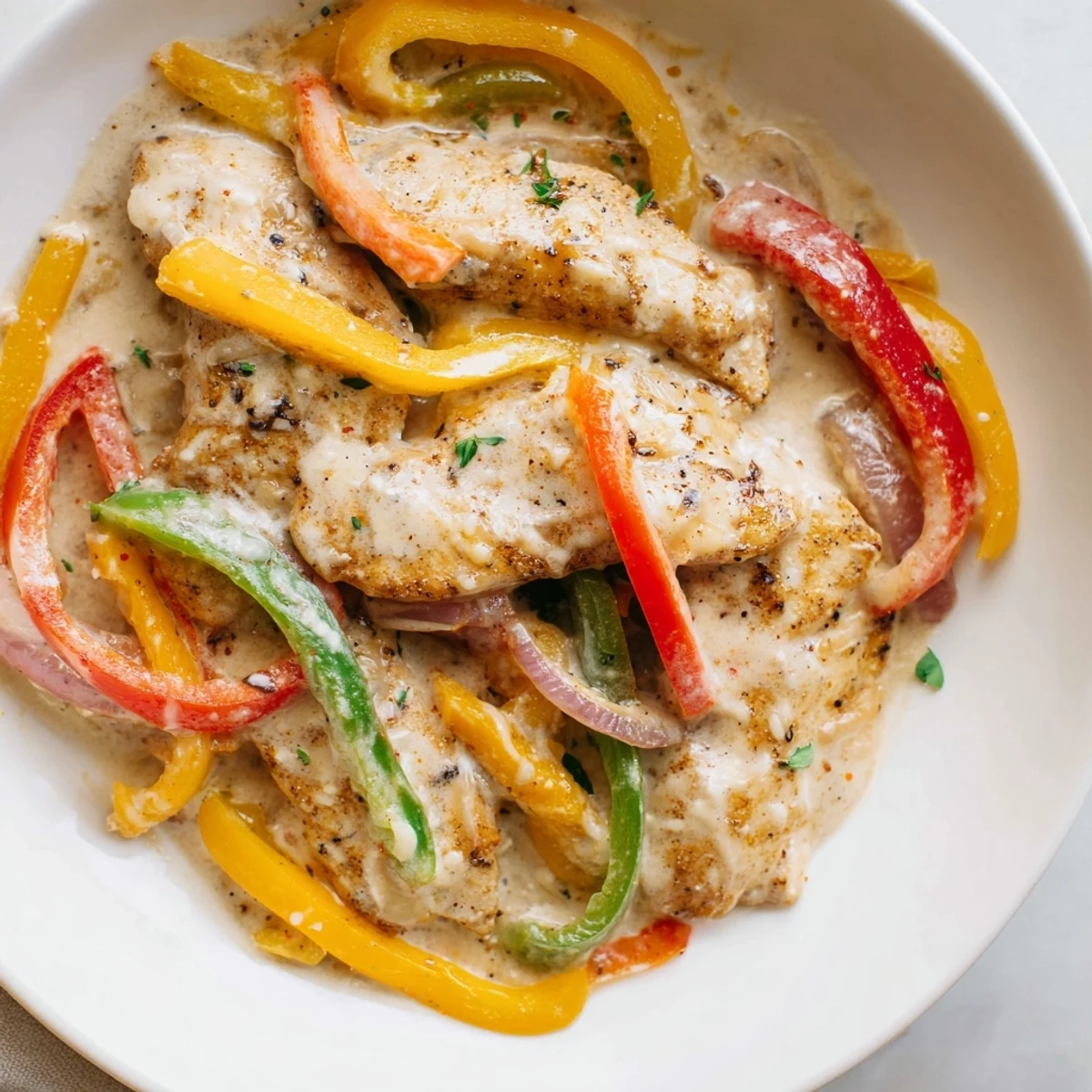 A close-up of Cajun Chicken Pasta with Bell Peppers showing saucy noodles and fresh parsley garnish.