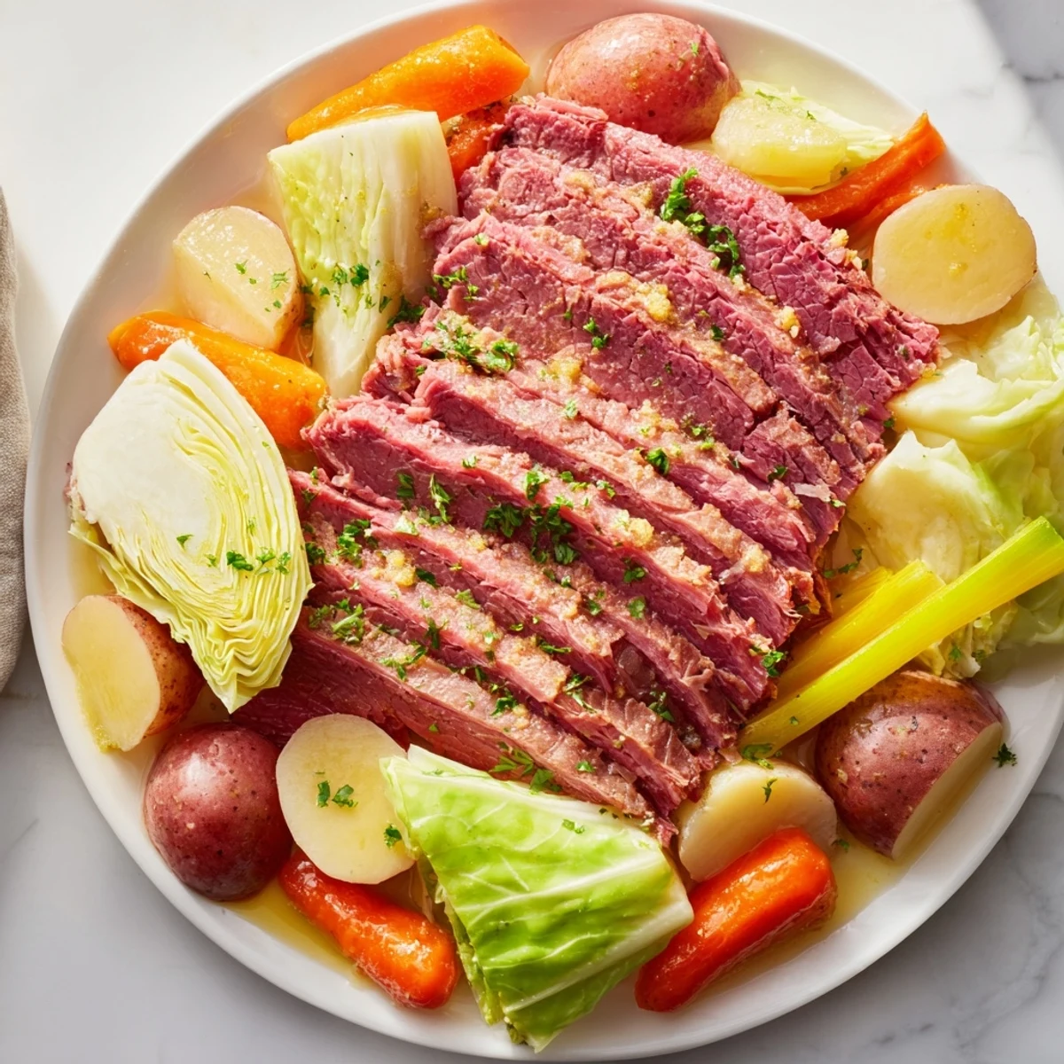 The corned beef pot roast with vegetables showcases tender meat and colorful root vegetables in rich broth.
