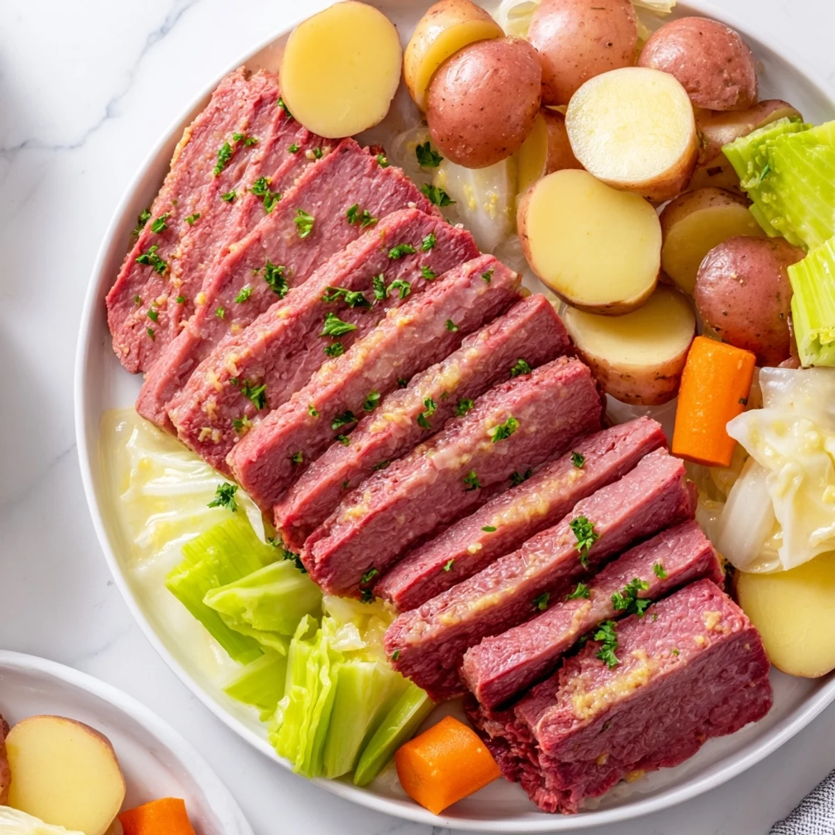 Savory corned beef pot roast with vegetables served alongside carrots and cabbage on a rustic platter.