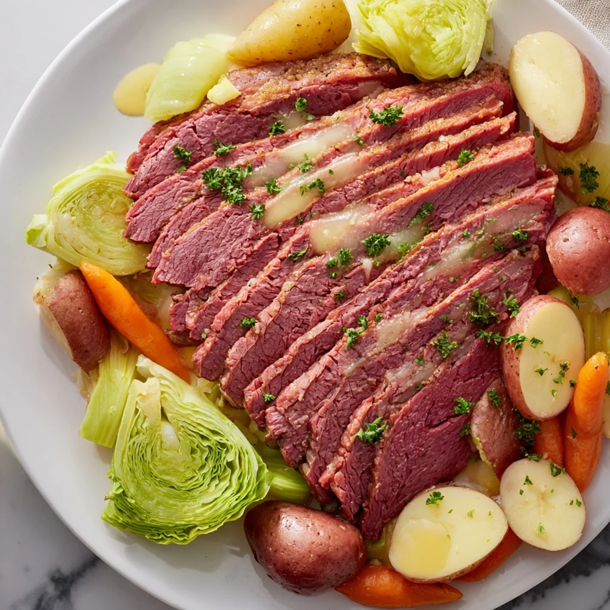 Hearty corned beef pot roast with vegetables plated with golden potatoes and fresh parsley garnish.