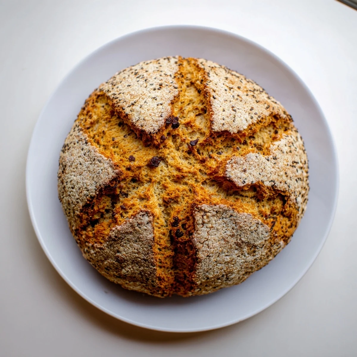 Freshly baked Irish Soda Bread with Caraway Seeds displayed on a rustic wooden board, golden crust with deep X-cut.
