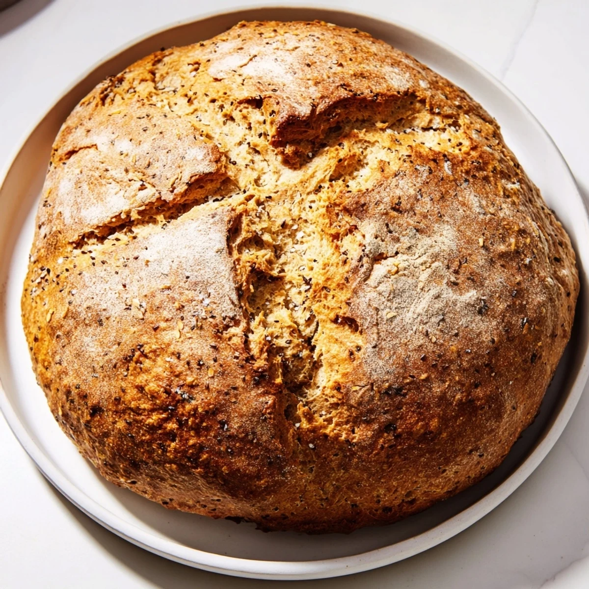 Slice of Irish Soda Bread with Caraway Seeds reveals tender crumb, served warm with butter beside steaming tomato soup.