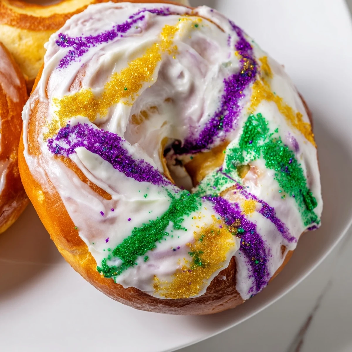 Glazed Mardi Gras King Cake Bagels rest on a cooling rack, their purple, green, and gold sugars sparkling in the light.