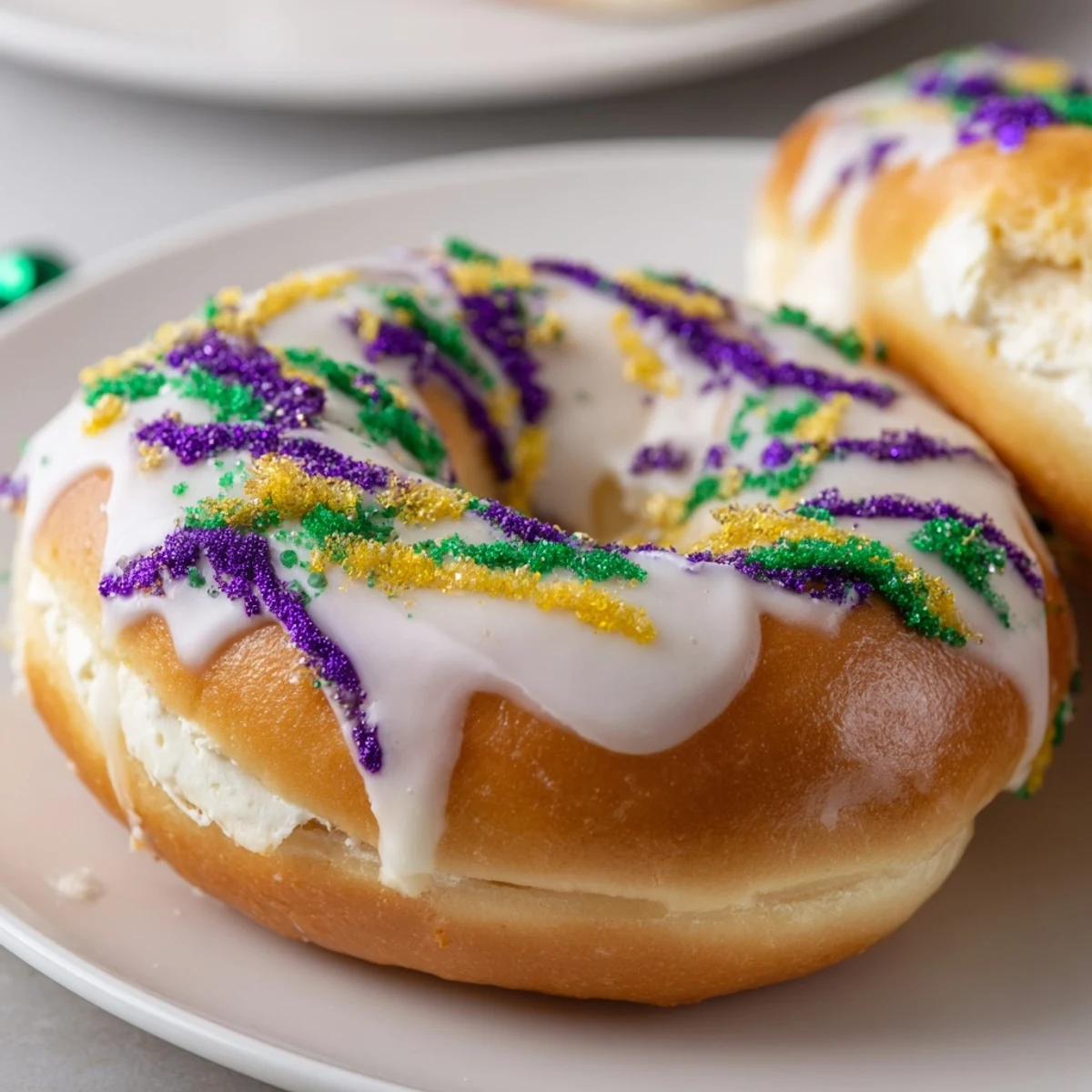 Golden brown Mardi Gras King Cake Bagels are arranged on a festive platter, drizzled with white icing and colorful celebration sprinkles.