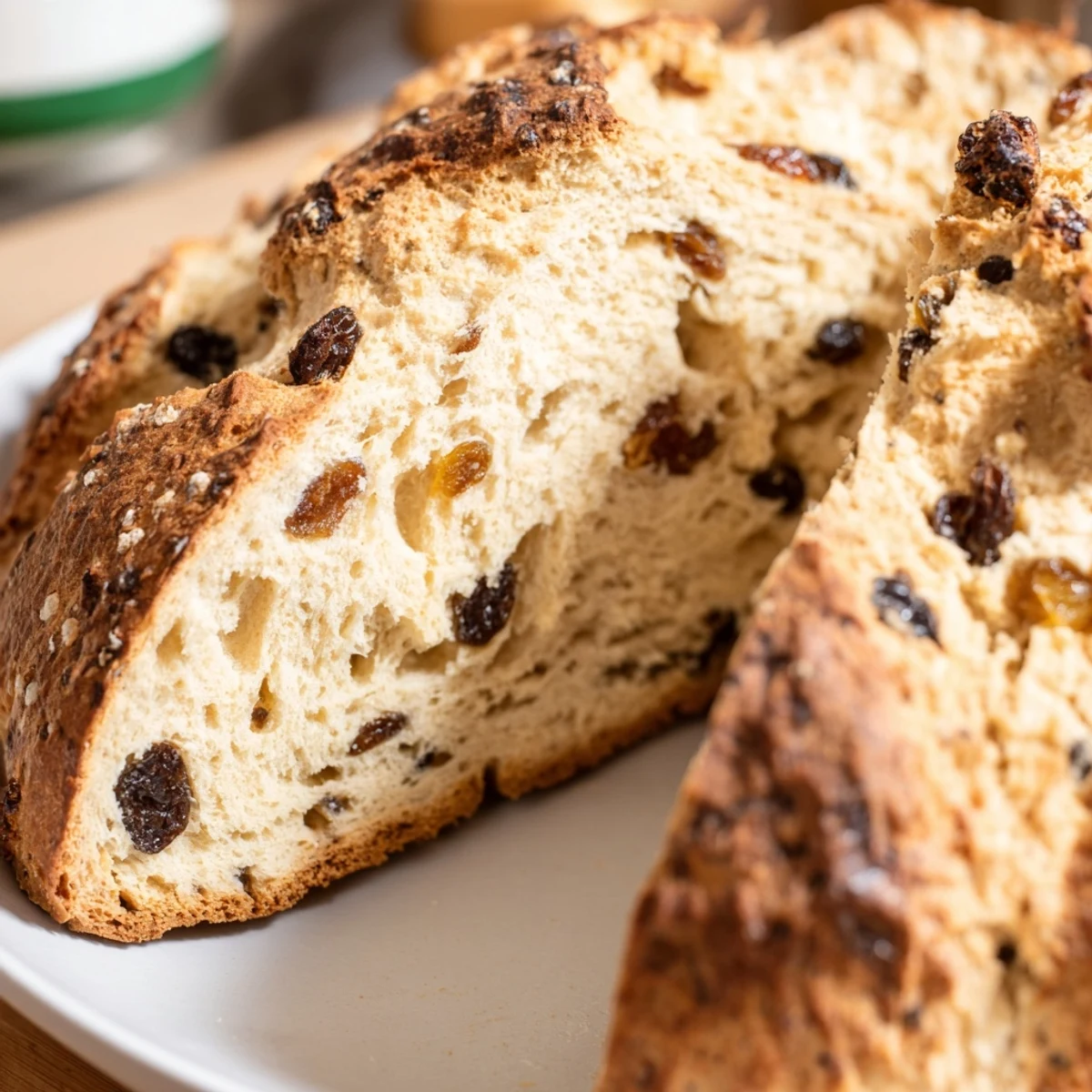 Slices of Irish Soda Bread with Caraway Seeds on a wooden board, served with butter and jam for breakfast.