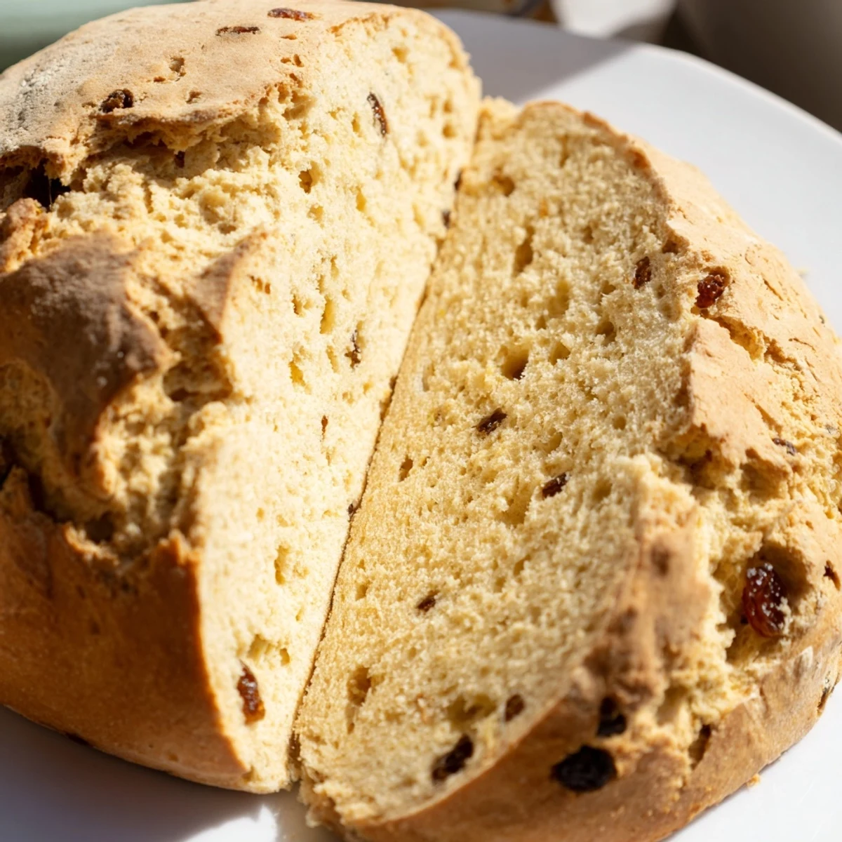 A rustic round loaf of Irish Soda Bread with Caraway Seeds, topped with a cross cut and brushed with butter.