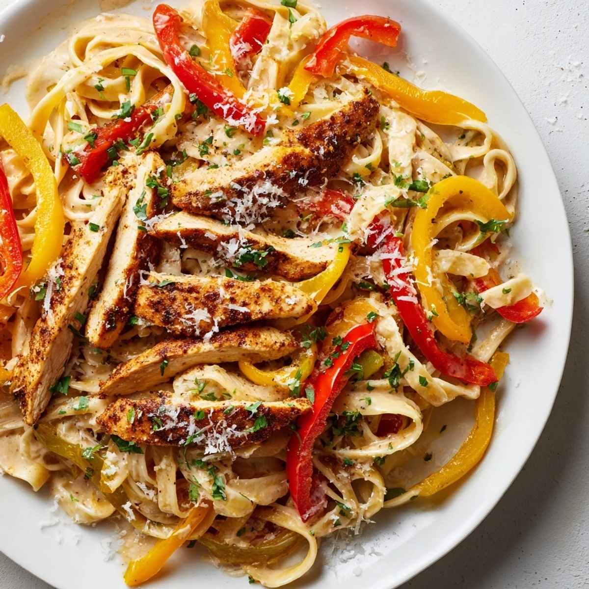 Creamy Cajun Chicken Pasta with Bell Peppers served steaming in a white bowl, garnished with fresh parsley and extra Parmesan.
