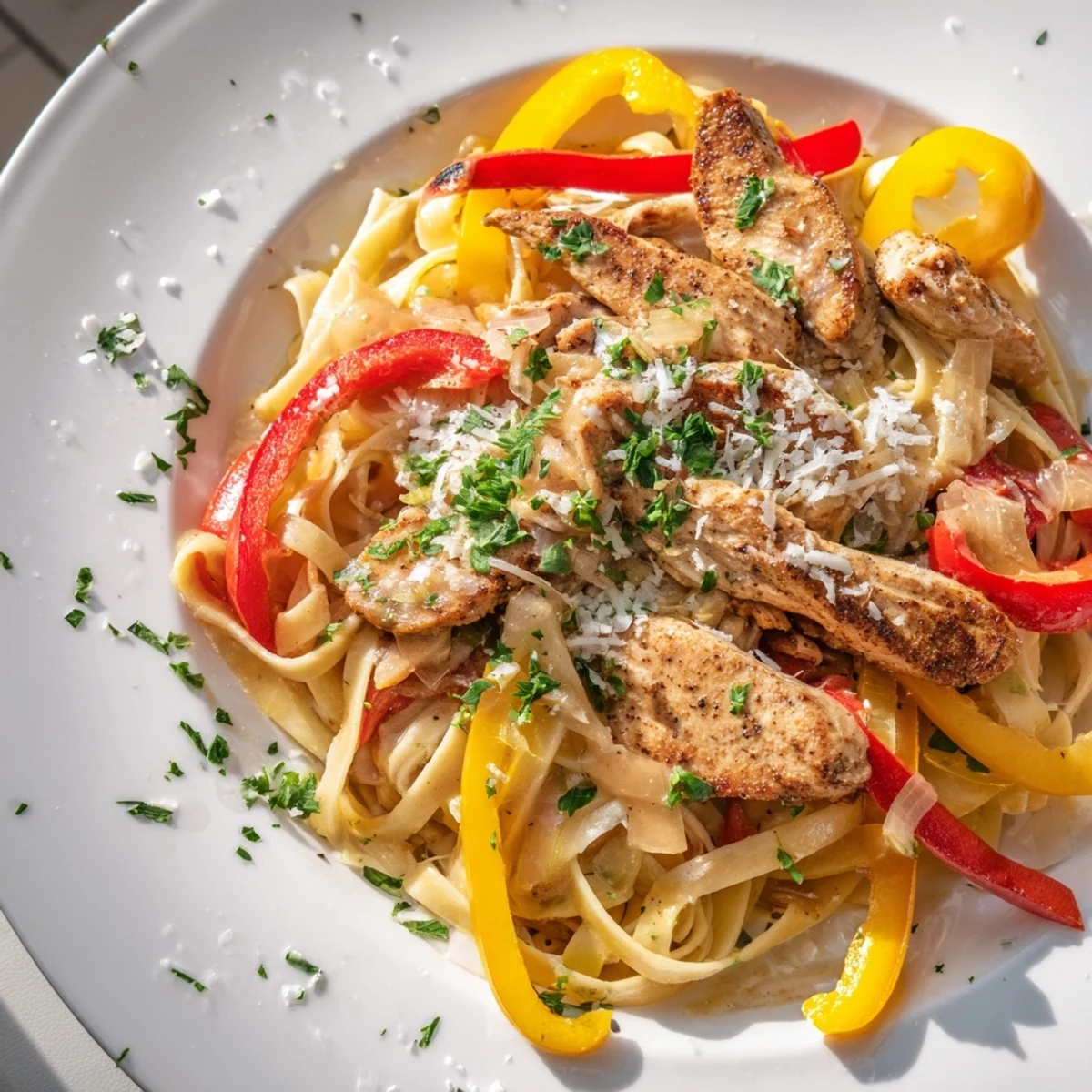 A close-up of Cajun Chicken Pasta with Bell Peppers, highlighting the glossy sauce and colorful sautéed vegetables on fettuccine.