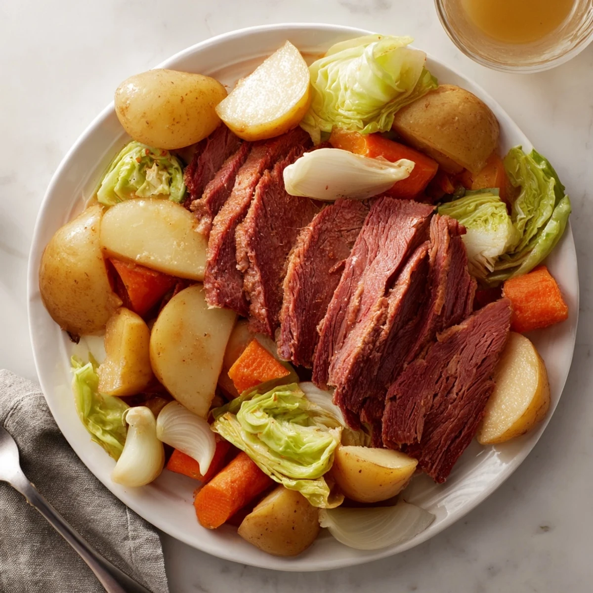 Hearty corned beef pot roast with vegetables simmers in a Dutch oven, surrounded by aromatic spices and savory broth.