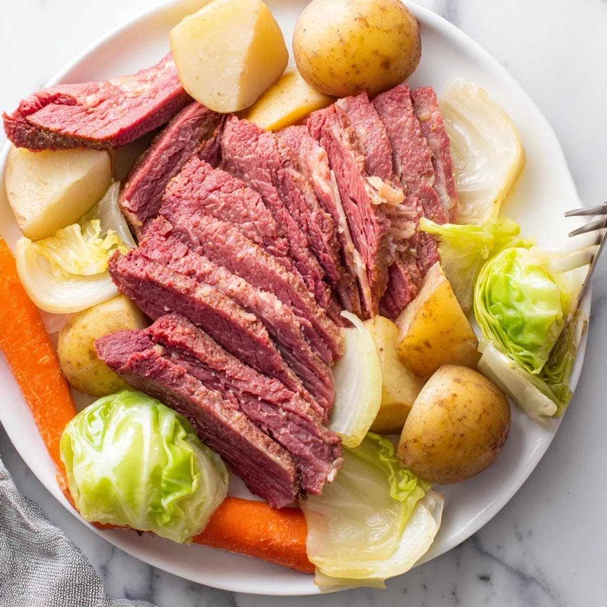Golden corned beef pot roast with vegetables rests on a platter, sliced against the grain with tender carrots and potatoes.